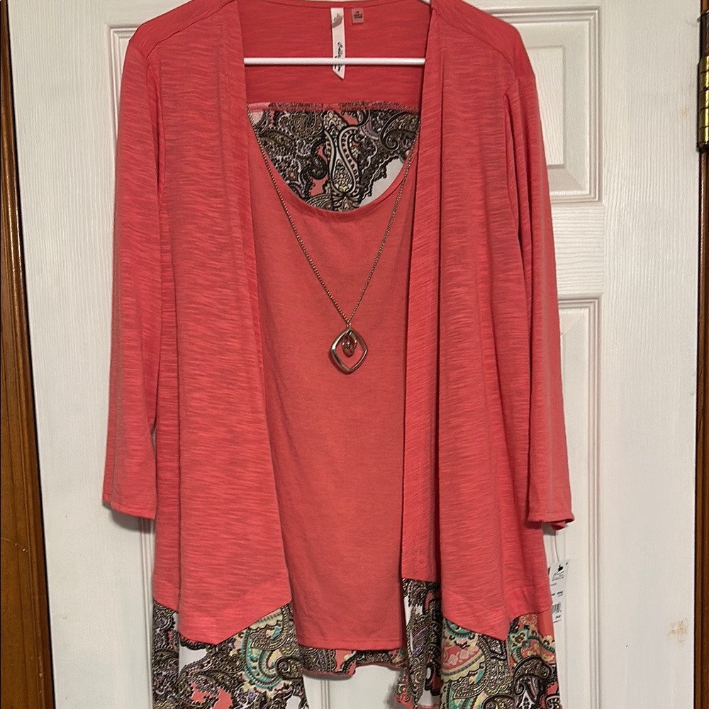 NY Collection Coral Paisley Blouse with removable necklace